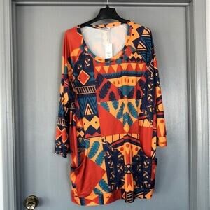 NWT Beyond This Plane Women's Stretchy 2XL Gold Blue Southwest 3/4 Sleeve Blouse